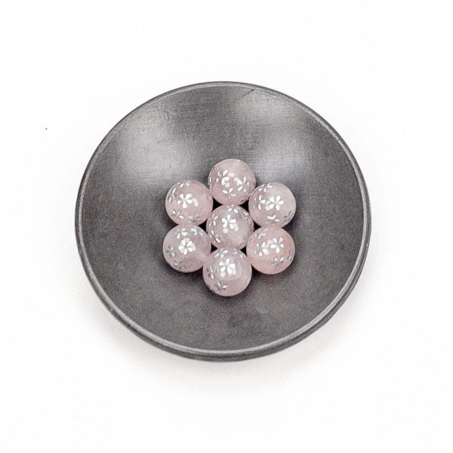 Rose Quartz Etched Silver Sakura Shower 10mm Round Bead - 1 pc.