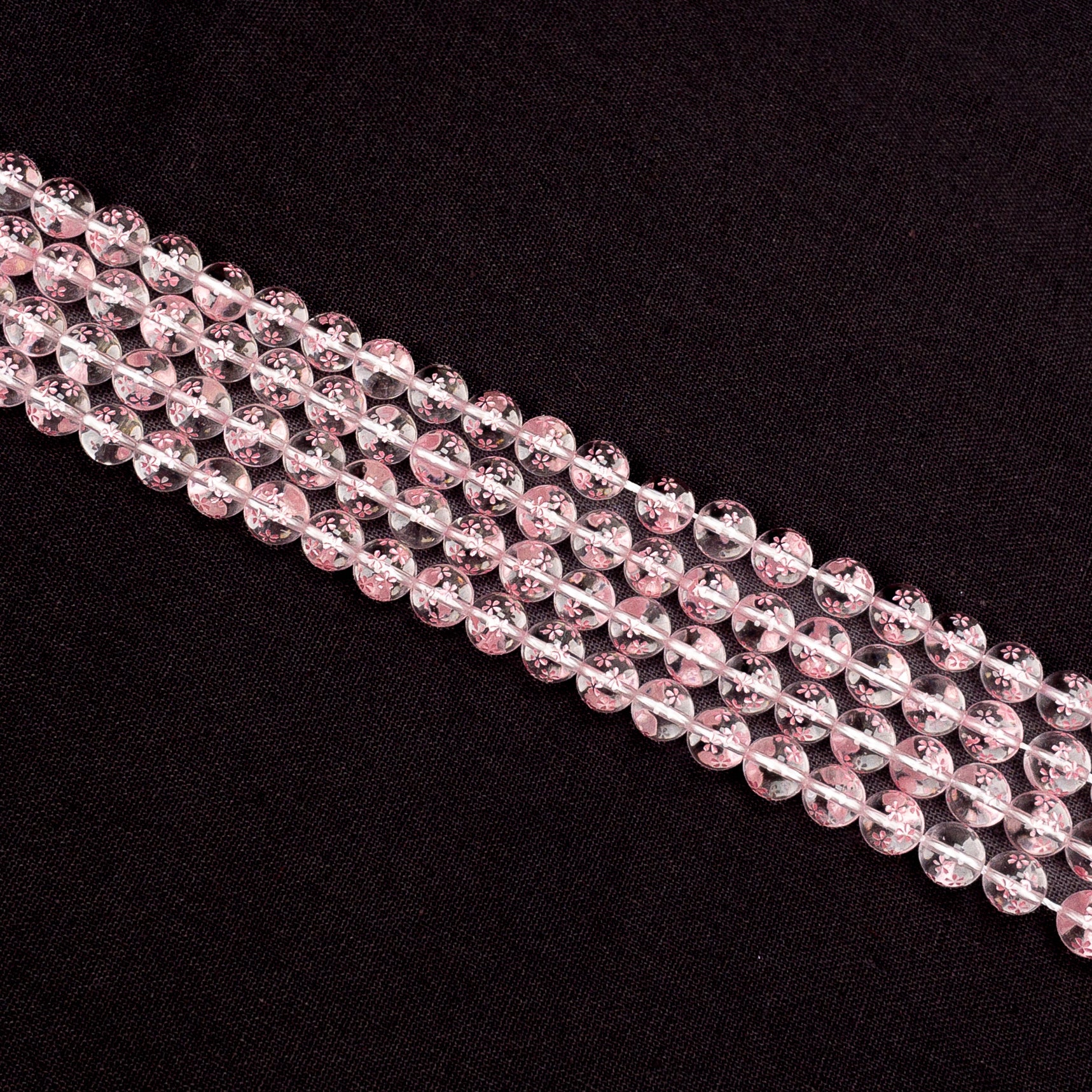 Crystal Quartz Etched Pink Sakura Shower 10mm Round Bead - 7.5" Strand