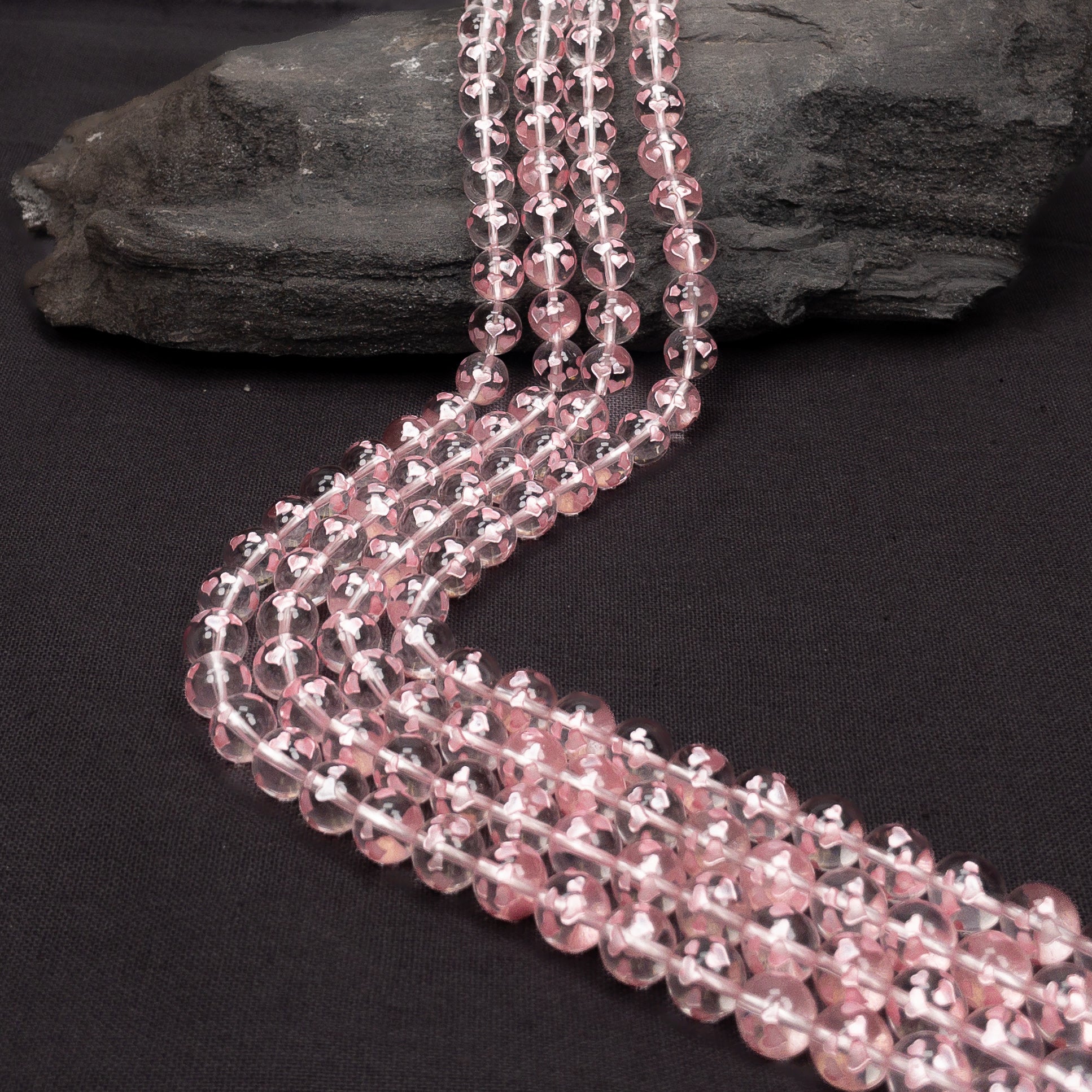 LOVE BUBBLES: Crystal Quartz Etched Pink Hearts 10mm Round Bead - 7.5" Strand