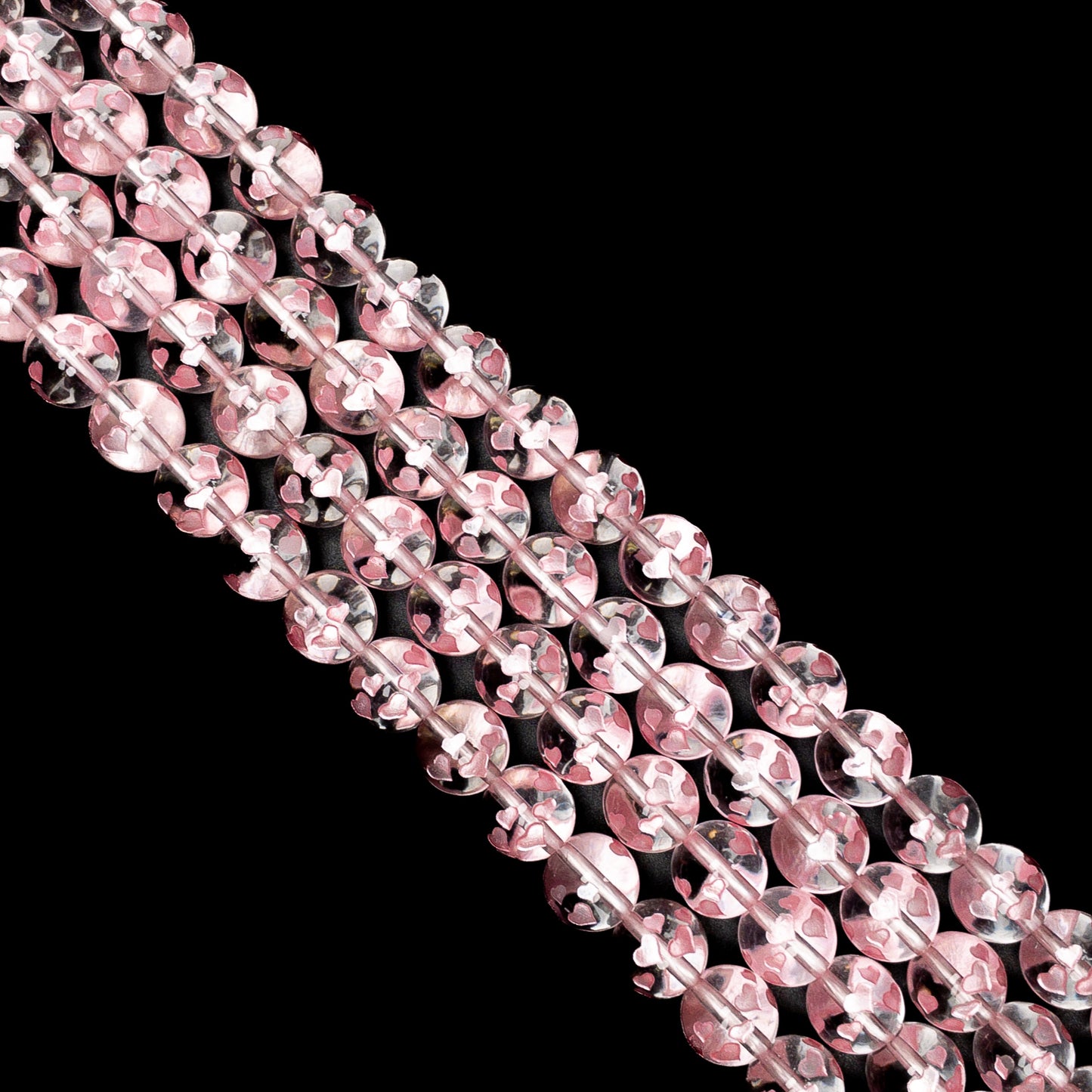 LOVE BUBBLES: Crystal Quartz Etched Pink Hearts 10mm Round Bead - 7.5" Strand