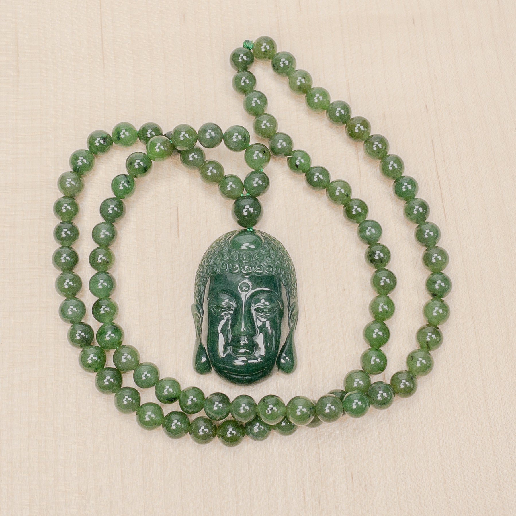 TRANQUILITY: Canadian Jade 8mm Round Bead Claspless Necklace with Buddha Pendant