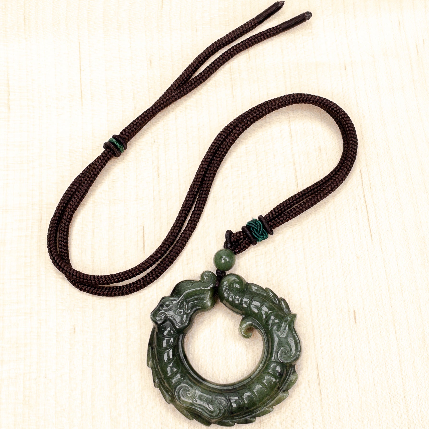 Canadian Jade Carved Coiled Dragon Pendant on Cord