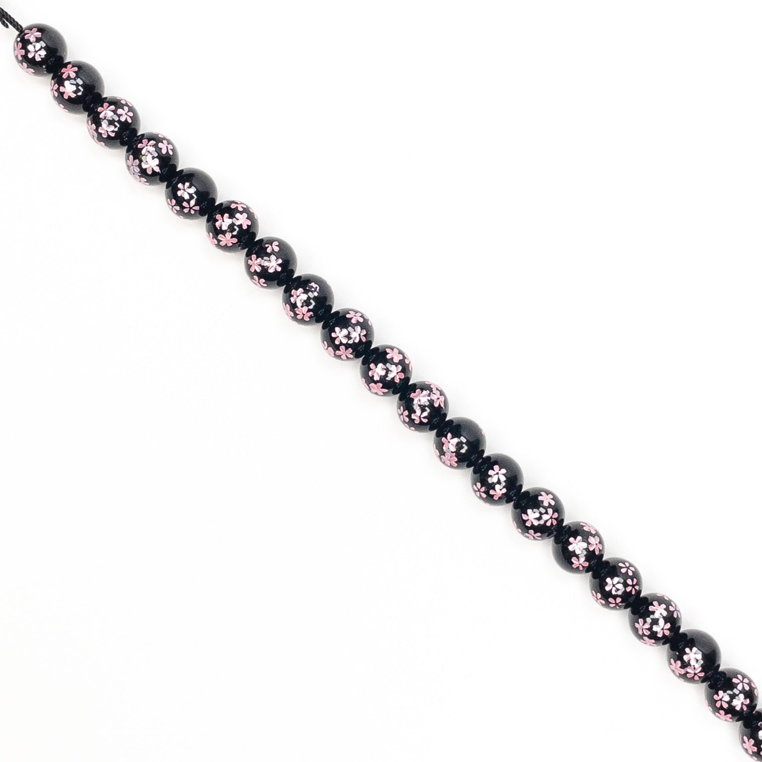Black Agate Etched Pink Sakura Shower 10mm Round Bead - 7.5" Strand