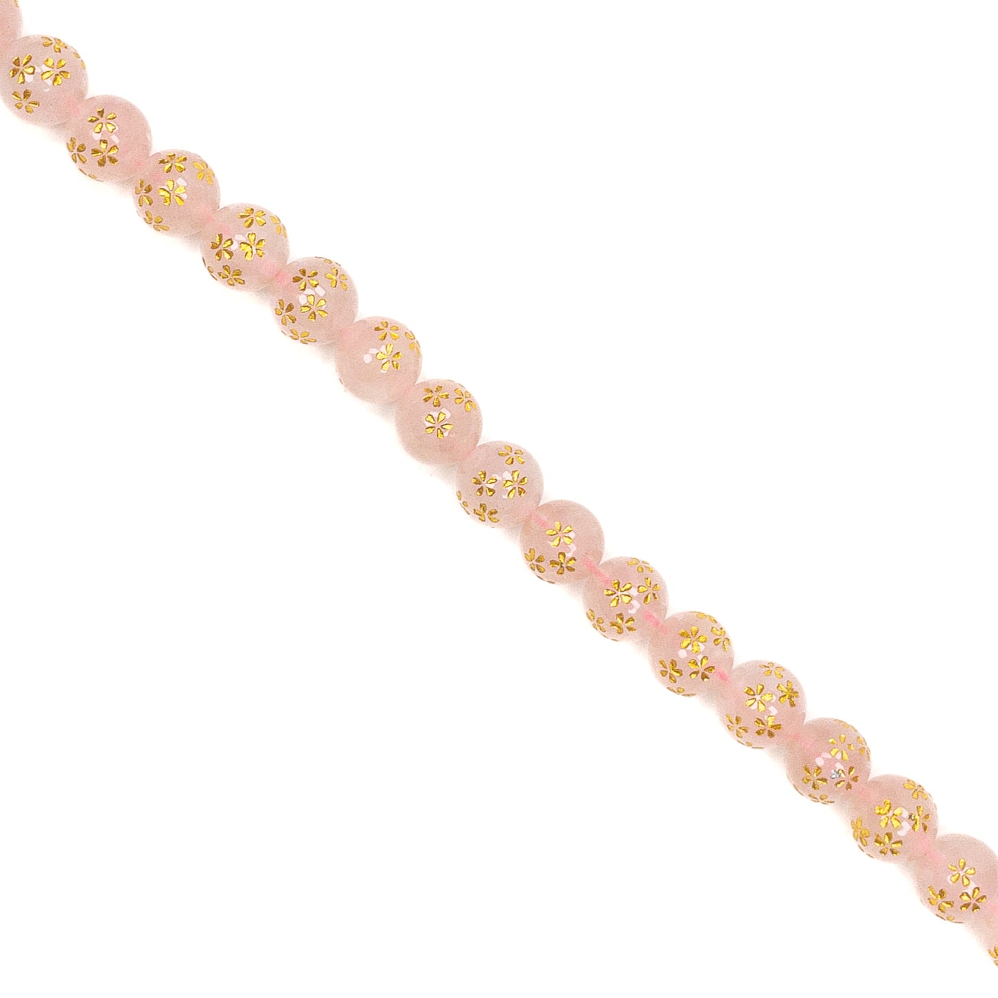 Rose Quartz Etched Gold Sakura Shower 10mm Round Bead - 7.5" Strand