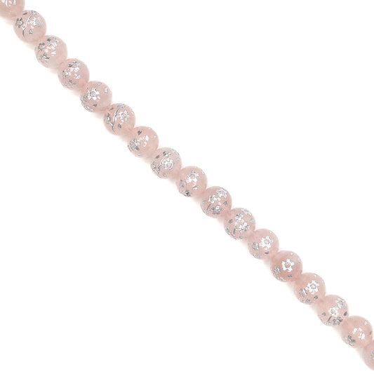 Rose Quartz Etched Silver Sakura Branch 10mm Round Bead - 7.5" Strand