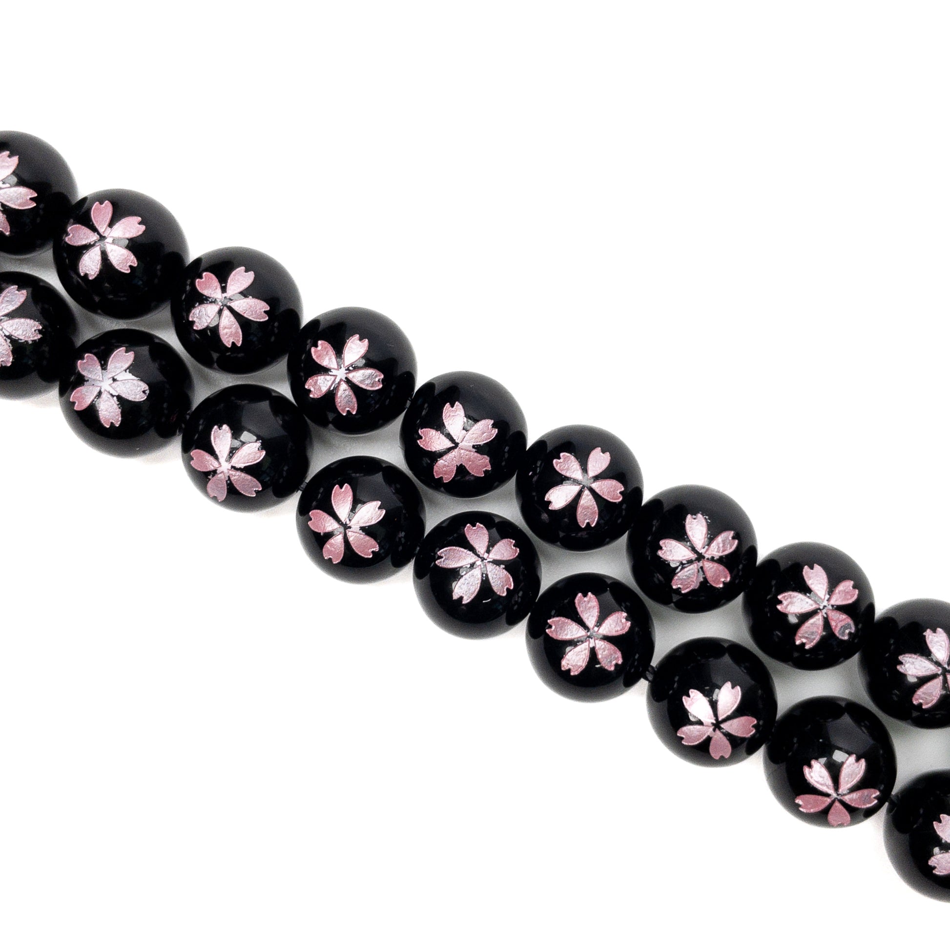 Black Agate with Etched Pink Sakura Blossom 10mm Round Bead - 7.5" Strand