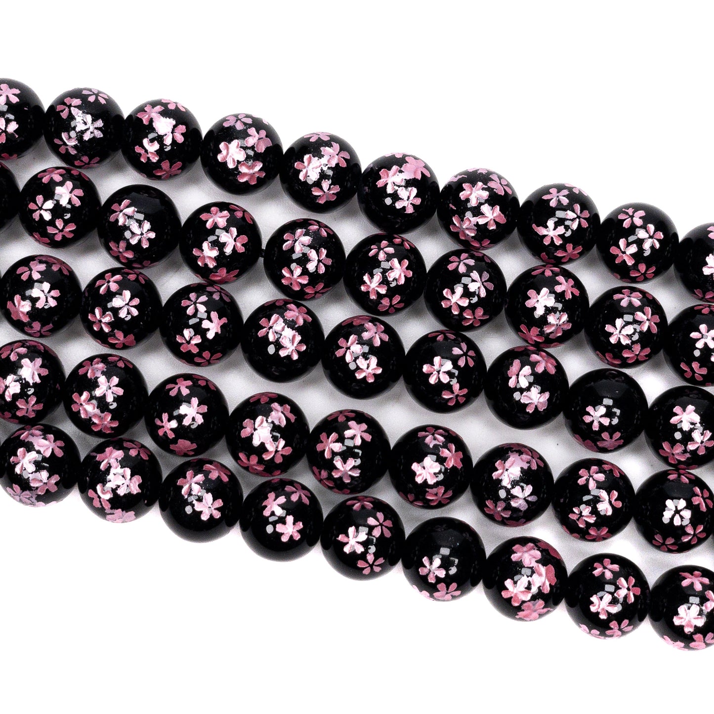 Black Agate Etched Pink Sakura Shower 10mm Round Bead - 7.5" Strand