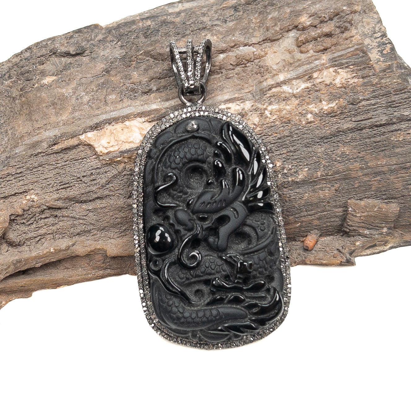 Carved Black Obsidian Dragon Pendant with Diamond (Oxidized Sterling Silver) - 1 pc.