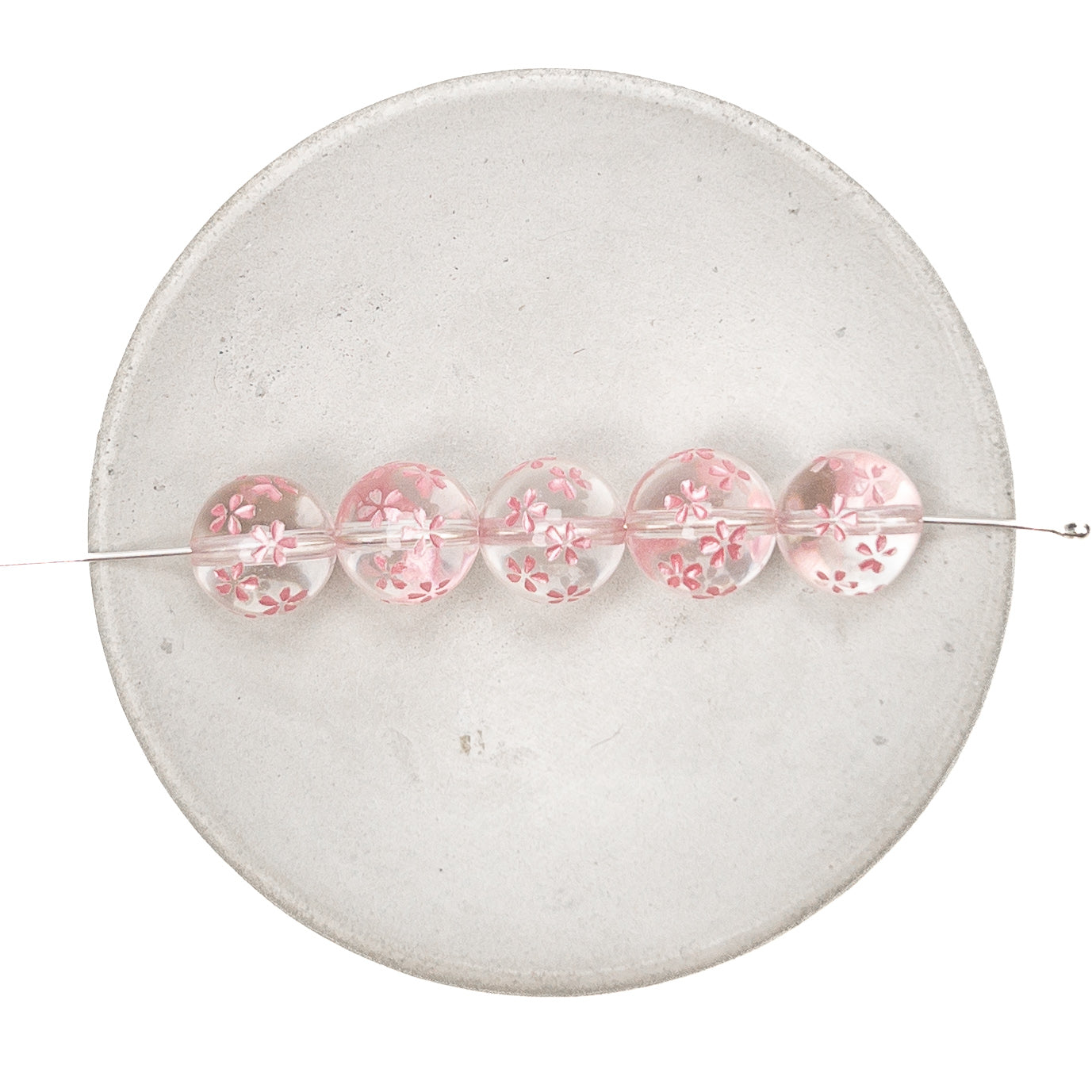 Crystal Quartz Etched Pink Sakura Shower 10mm Round Bead - 7.5" Strand