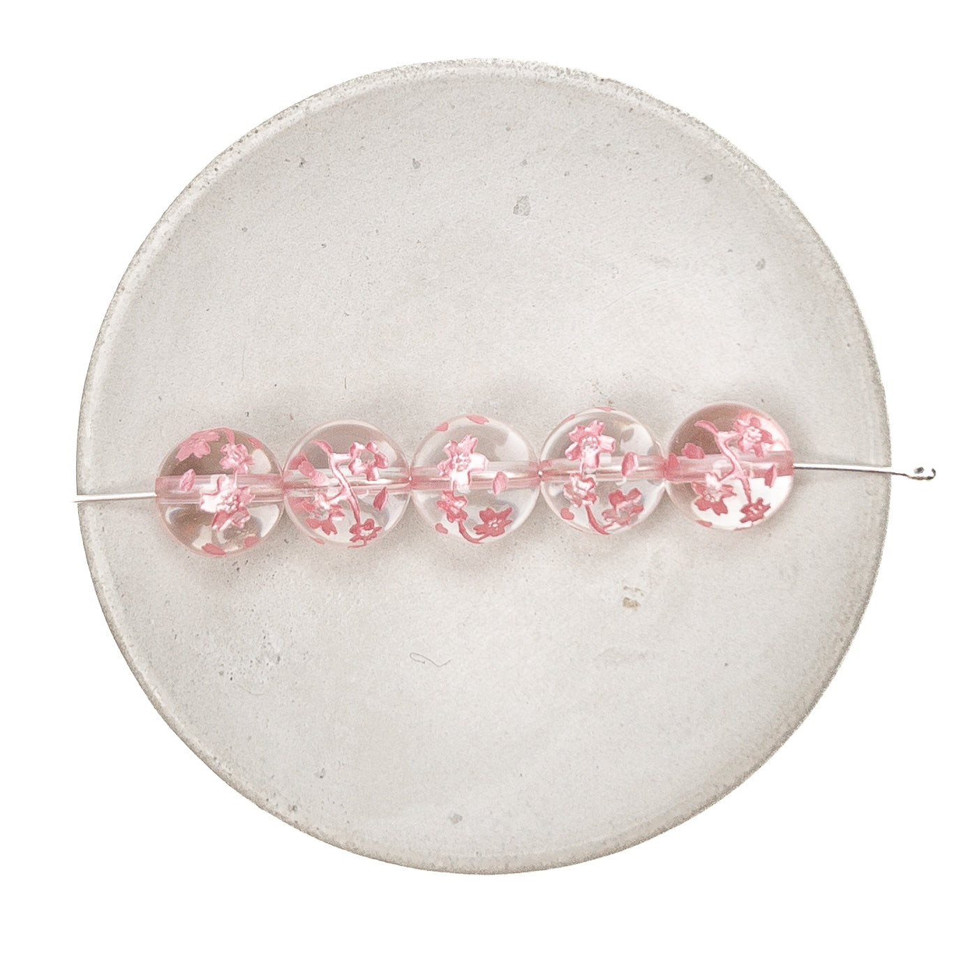 Crystal Quartz Etched Pink Sakura Branch 10mm Round Bead - 1 pc.