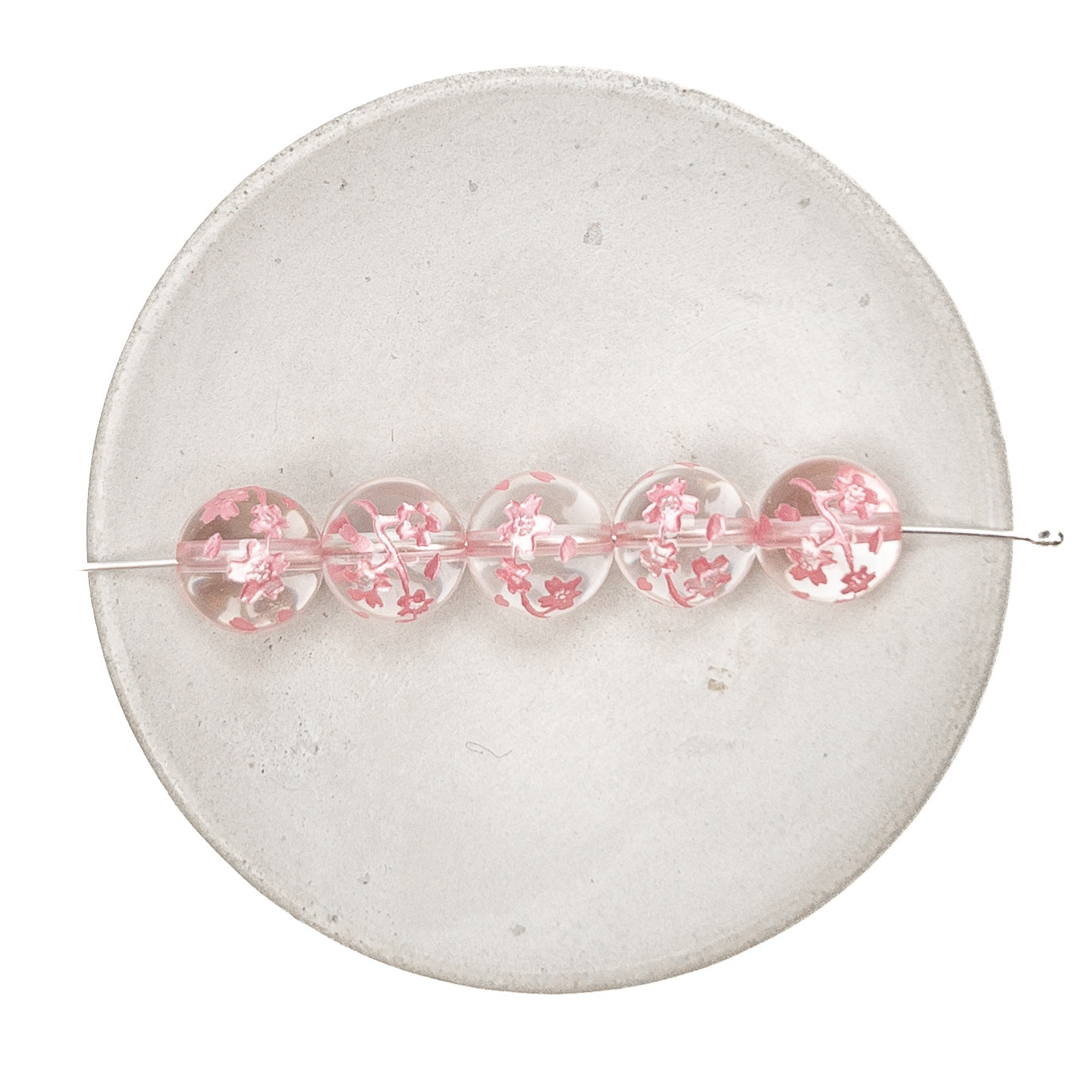 Crystal Quartz Etched Pink Sakura Branch 10mm Round Bead - 7.5" Strand