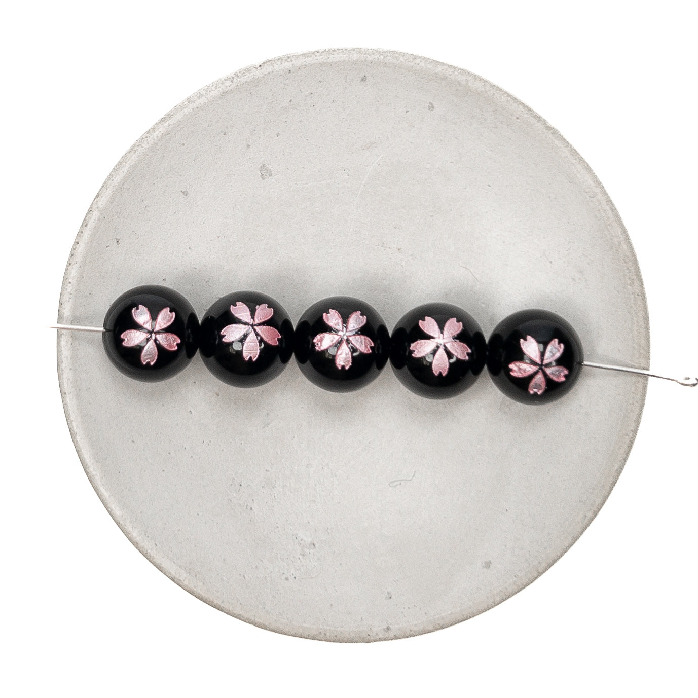 Black Agate with Etched Pink Sakura Blossom 10mm Round Bead - 1 pc.