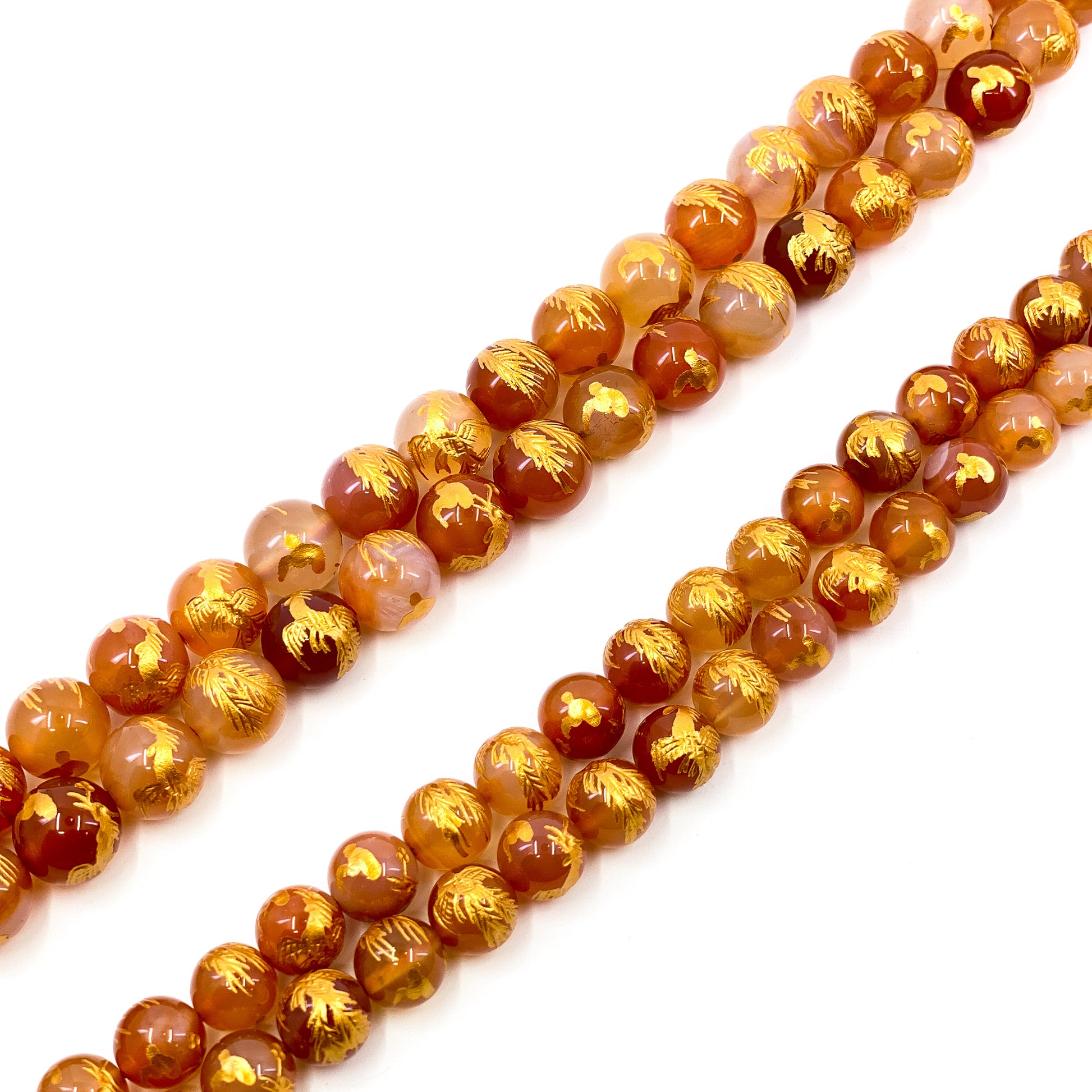 Gemstone with Etched Gold Phoenix 12mm Round Bead (7 Options Available) - 7.5" Strand