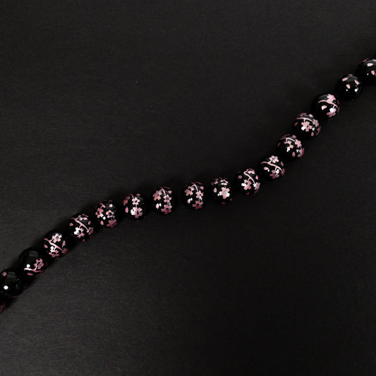 Black Agate Etched Pink Sakura Branch 10mm Round Bead - 7.5" Strand