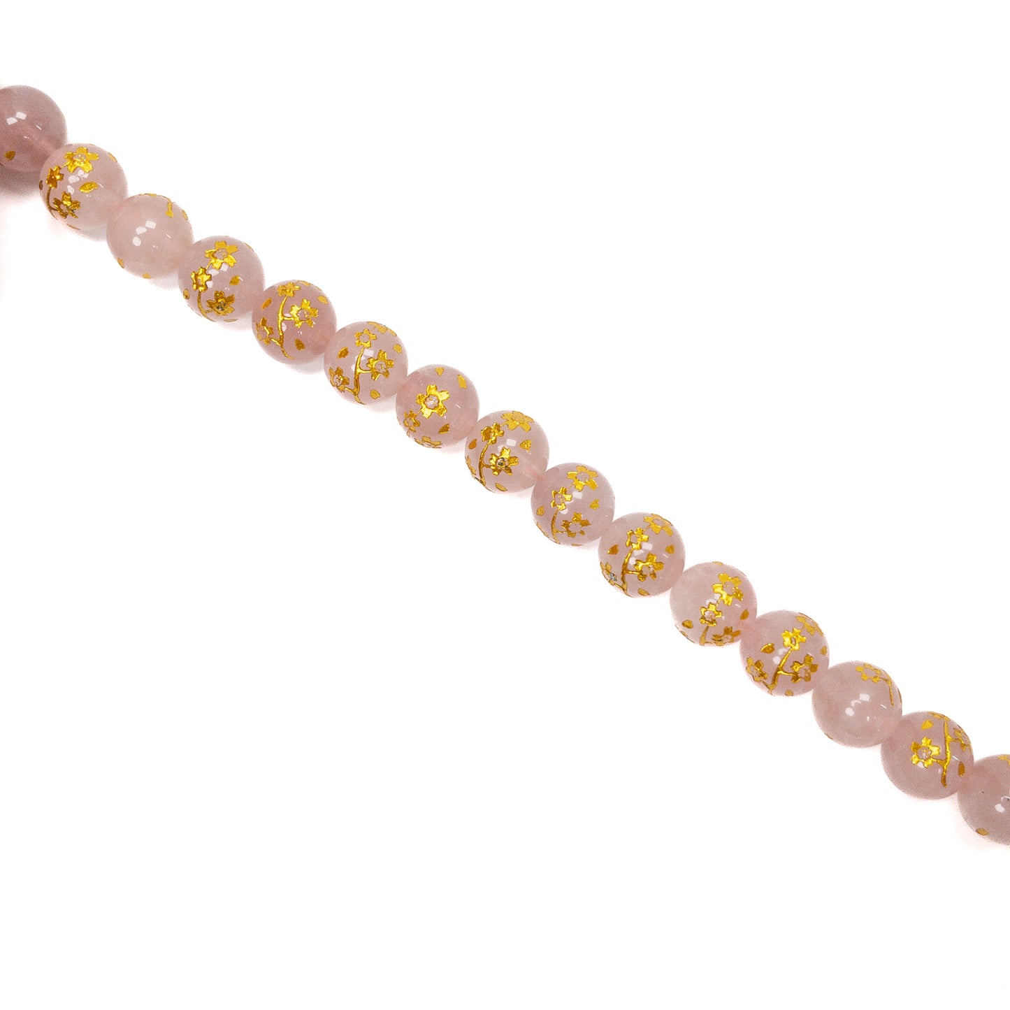 Rose Quartz Etched Gold Sakura Branch 10mm Round Bead - 7.5" Strand
