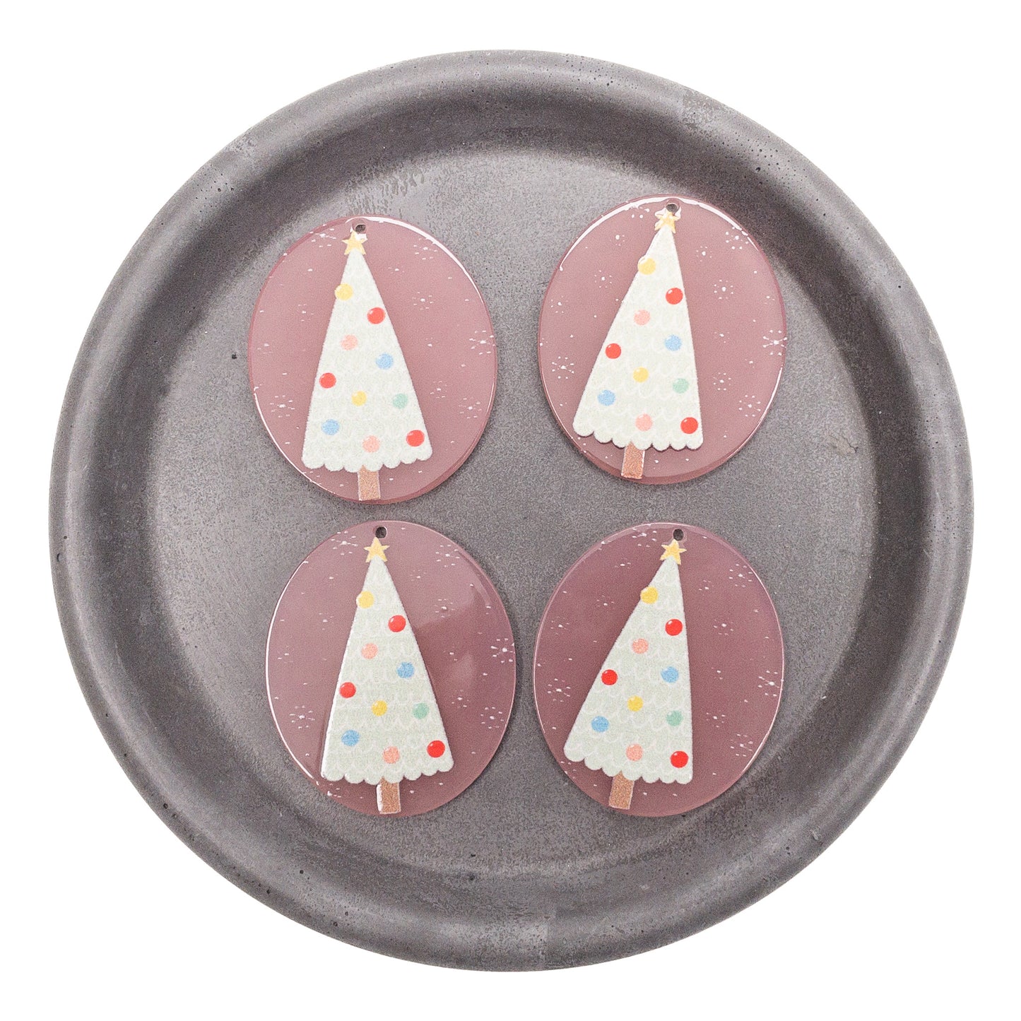 Resin Pink Oval with Christmas Tree Charm - 4 pcs.