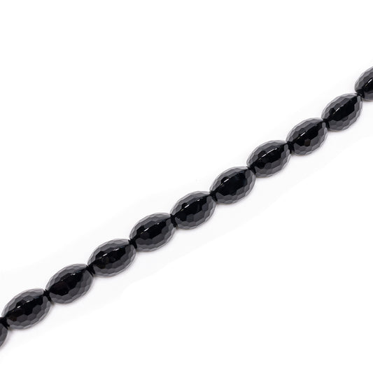 Black Agate 10x14mm Faceted Coconut Olive Bead - 8" Strand