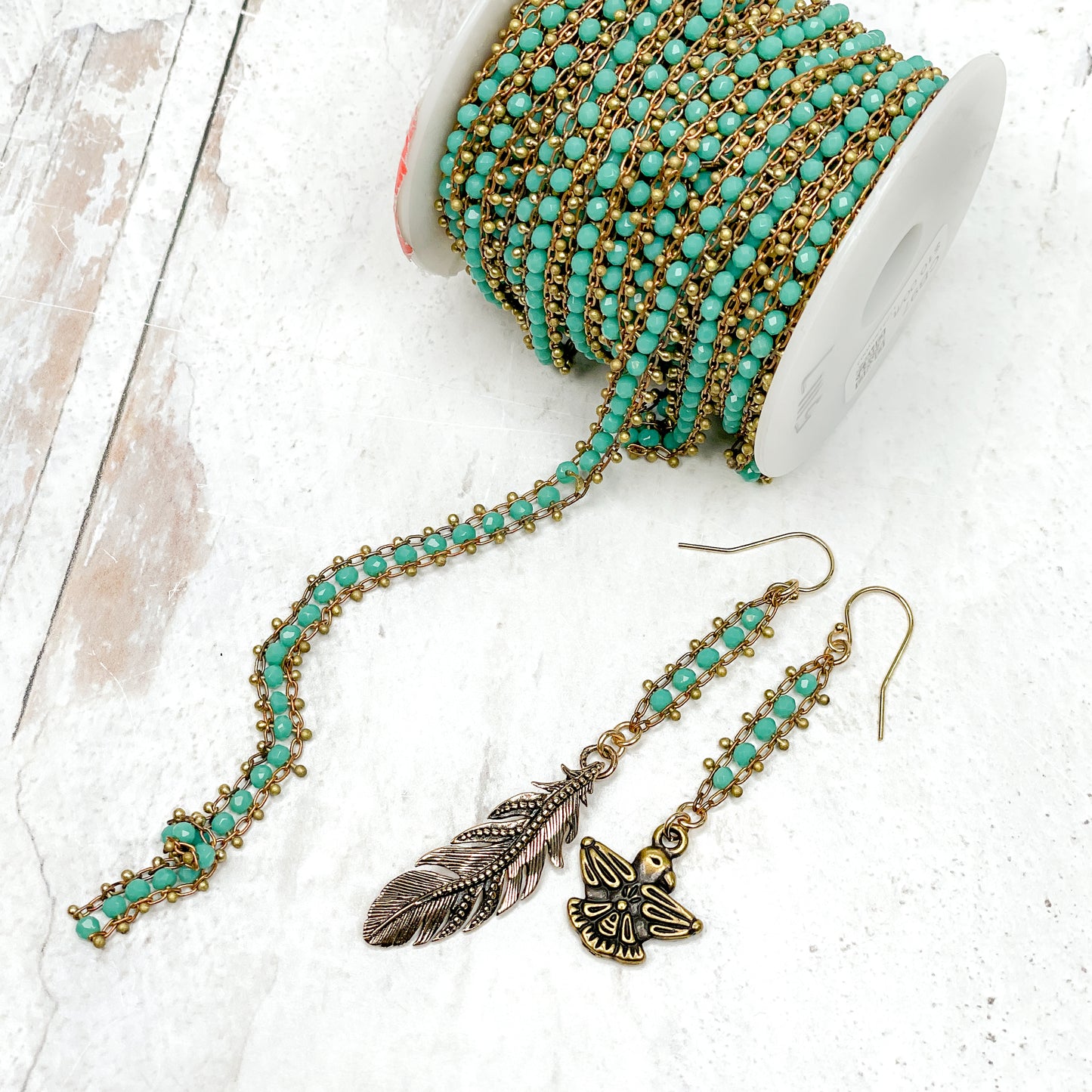 Beaded Ribbon Chain (Brass with Turquoise Glass Beads) - 1 ft.