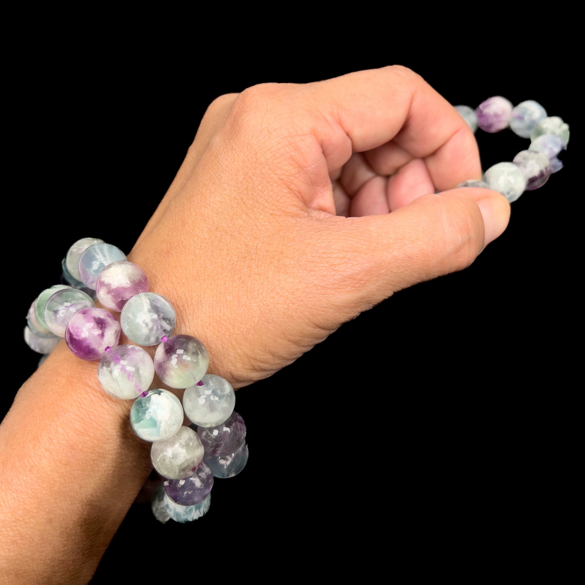 Angel Feather Fluorite Round Bead Stretchy Bracelet (2 Bead Sizes Available)