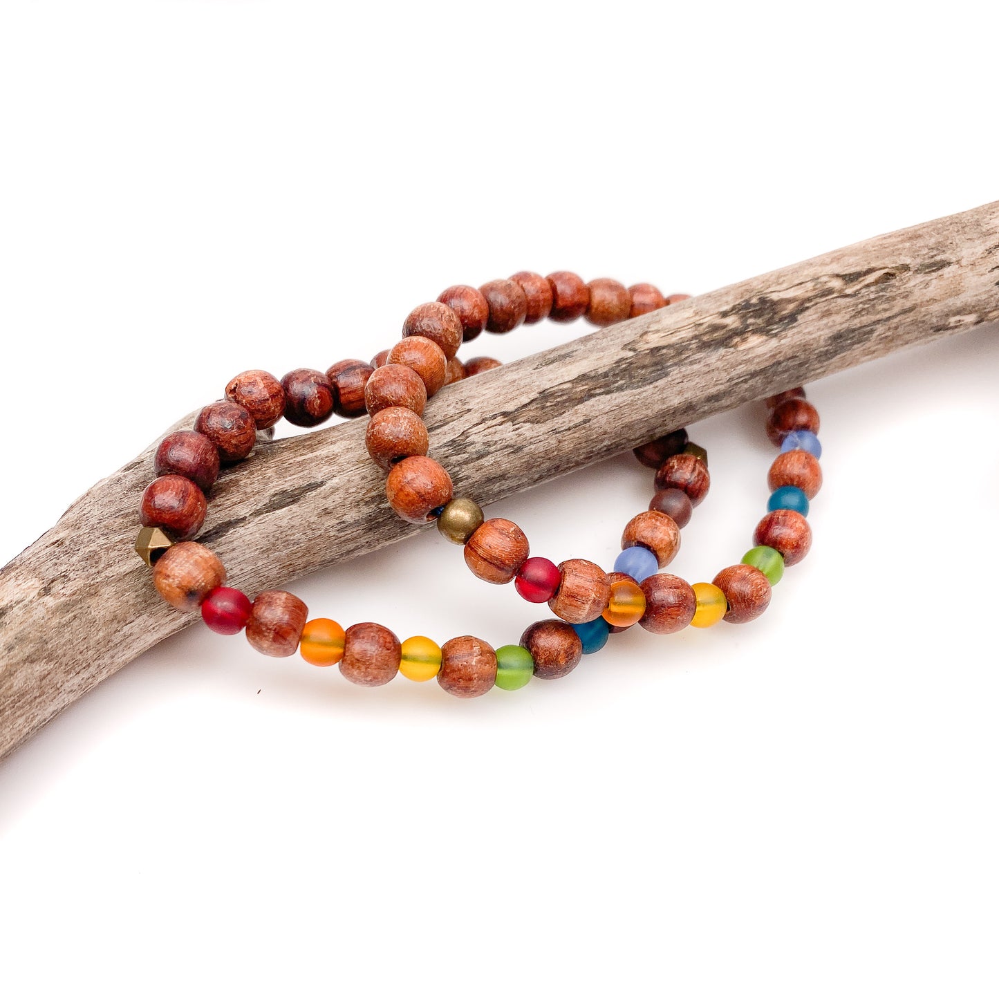 Rainbow Chakra Wood and Recycled Glass Stretchy Cord Bracelet - 3 sizes