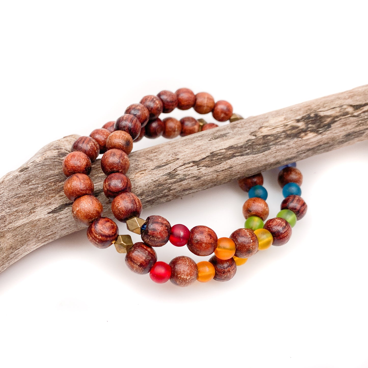 Rainbow Chakra Wood and Recycled Glass Stretchy Cord Bracelet - 3 sizes
