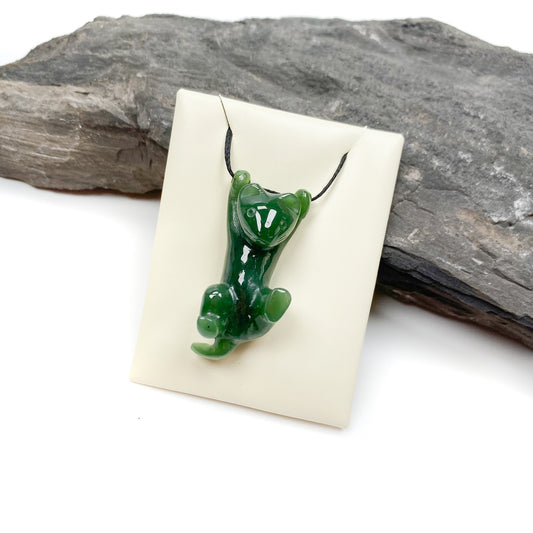 Playful Cat Carved Canadian Jade Cord Necklace