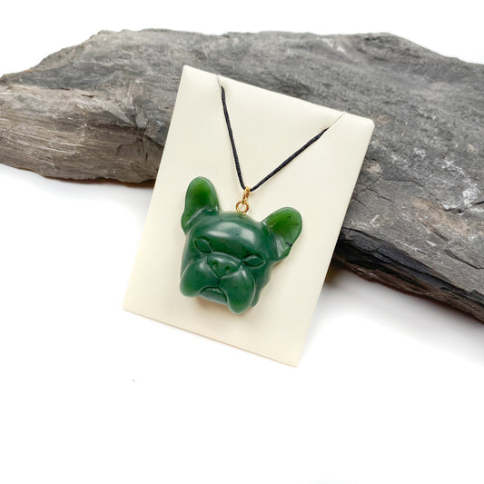 French Bulldog Carved Canadian Jade Cord Necklace
