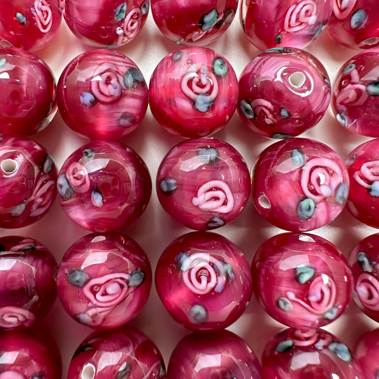 10mm Czech Lampwork Cranberry Bead with Rosette Flowers - 2 pcs.-The Bead Gallery Honolulu