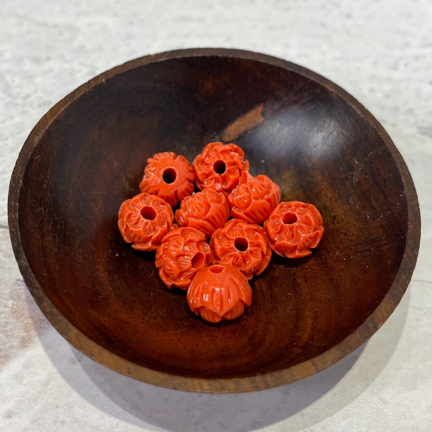 Red Reconstituted Stone 6x8mm Red Carved Lotus - 3 pcs.