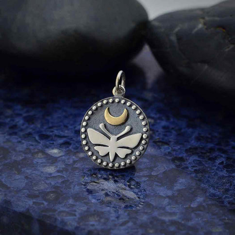 Moth Coin Charm with Bronze Crescent Moon & Dots - 1 pc. (Sterling Silver)
