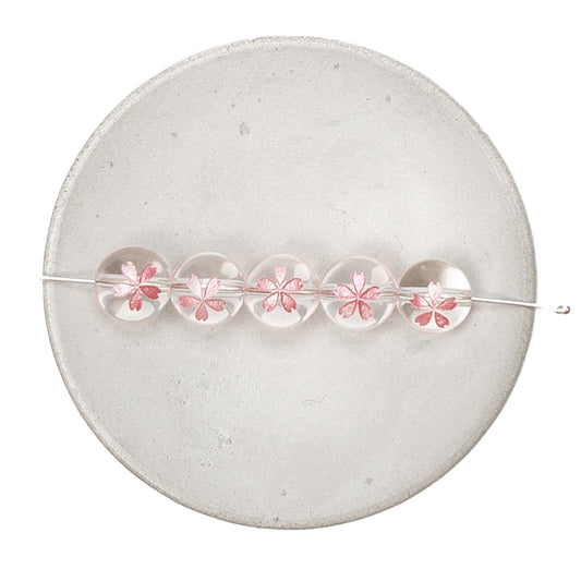 Crystal Quartz with Etched Pink Sakura Blossom 10mm Round Bead - 1 pc.