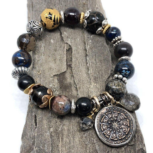 Prayer Coin Amulet Stretchy Cord Bracelet w/ Coily Bead