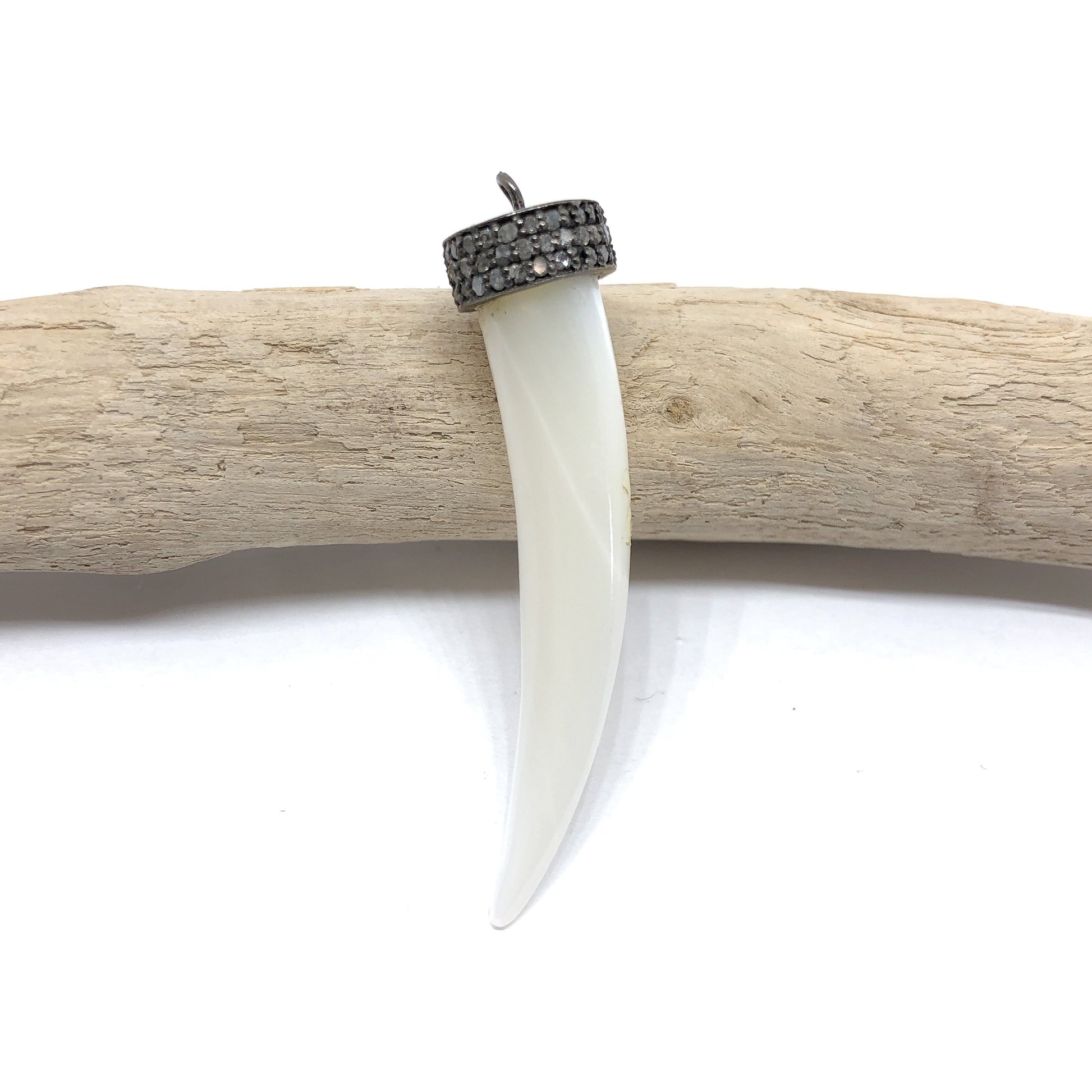 Mother of Pearl Shell Tusk 9.5x37.5mm Sterling Silver with Diamond