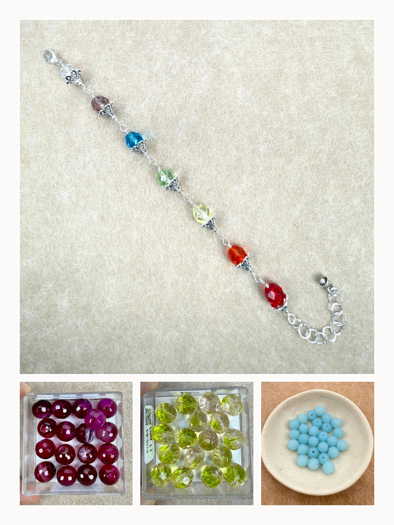 Summer Sweet collection collage featuring the KT735 shave ice bracelet, magenta dyed agate, lime vintage glass, and robin's-egg blue recycled glass beads