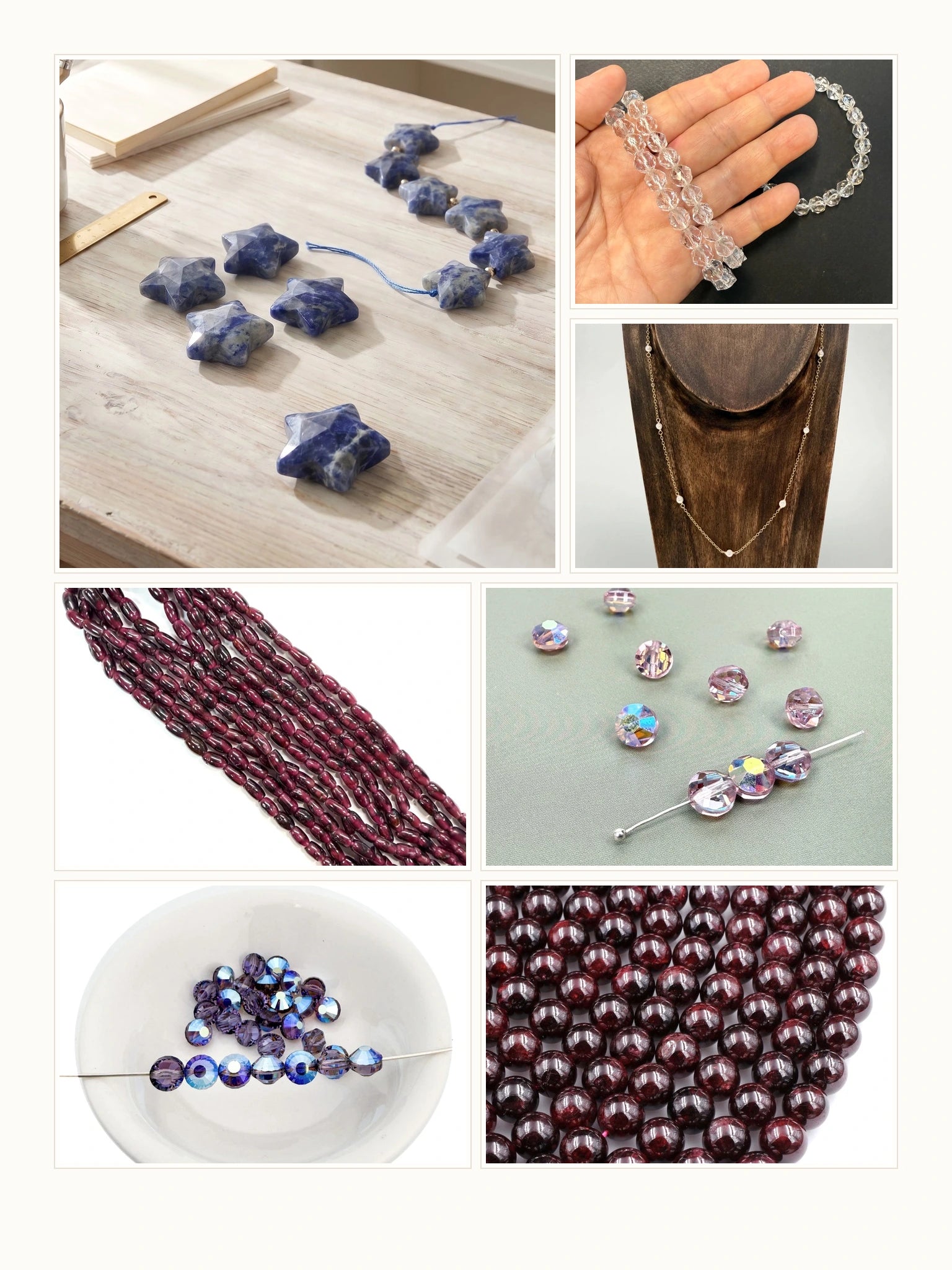 New arrivals collage with sodalite star beads, quartz bracelet, Akoya pearls, garnet strands, and vintage crystals at The Bead Gallery Honolulu